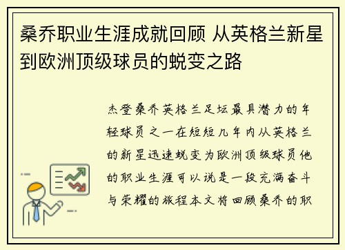 桑乔职业生涯成就回顾 从英格兰新星到欧洲顶级球员的蜕变之路