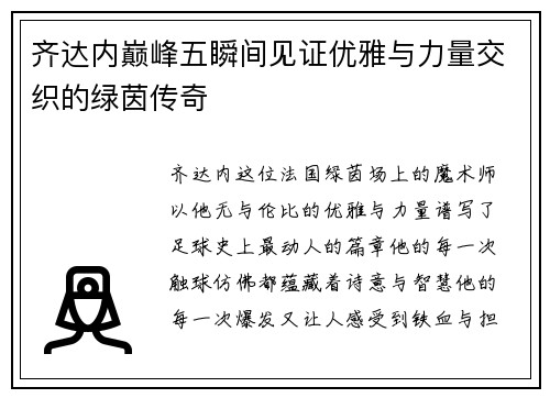 齐达内巅峰五瞬间见证优雅与力量交织的绿茵传奇